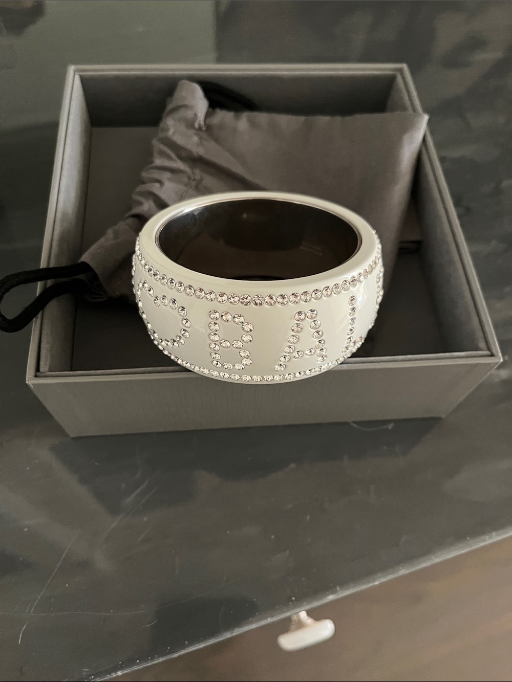 Balenciaga White Crystal-Embellished Logo Bangle Bracelet